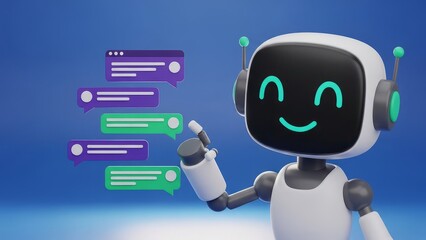 Friendly robot with glowing blue eyes and speech bubbles on blue background symbolizing ai communication and chatbot technology