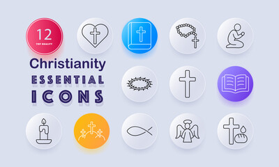 Christianity set icon. Cross, heart, Bible, rosary, praying figure, crown of thorns, candle, angel, bread, fish symbol illustrated in outlined religious theme.
