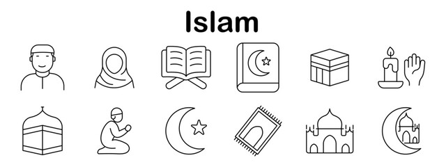 Islam set icon. Line style icons including Quran, Kaaba, crescent, mosque, candle, prayer rug, man, woman, star, and gesture symbols of Islamic faith
