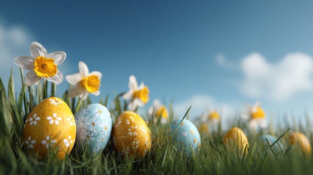 Colorful easter eggs nestled in green spring grass with blooming daffodils under a bright blue sky, festive holiday background for easter celebrations and springtime designs