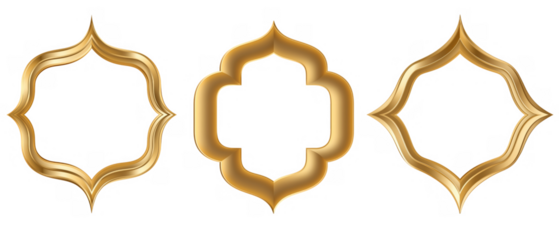 Three ornate Arabic golden frames on white, created AI, PNG