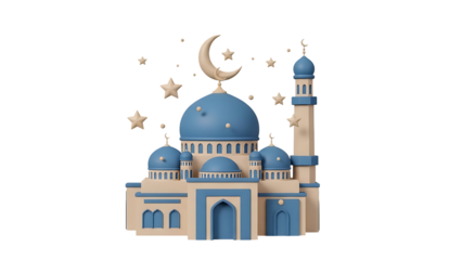 3D Mosque Illustration with Stars and Crescent