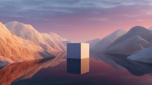A large cube sitting on a body of water with mountains in the background at sunset