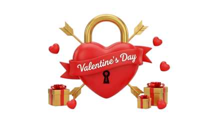 Red heart lock with arrows and gifts for Valentine's Day