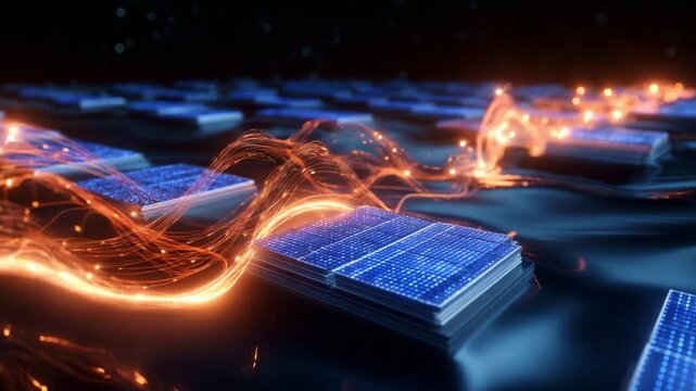 A captivating visual representation of energy flow intertwining with innovative technology, showcasing intricate patterns and vibrant colors, highlighting the dynamic interaction between data modules