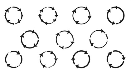 Collection of circular arrow illustrations, each depicting varied dashed, dotted, and solid black arrow designs on white