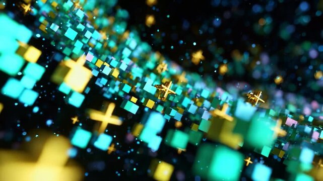 A mesmerizing visual cascade of colorful cubes and shimmering particles, creating a stunning digital landscape filled with vibrant greens, blues, and radiant golden accents shimmering against a dark