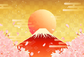 桜と赤富士と日の出のイラスト_横3