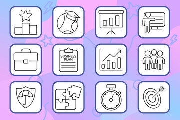Business training set icon. Target, briefcase, puzzle, graph, plan, stopwatch, success, teamwork, education, protection, strategy, meeting, skills, leadership.