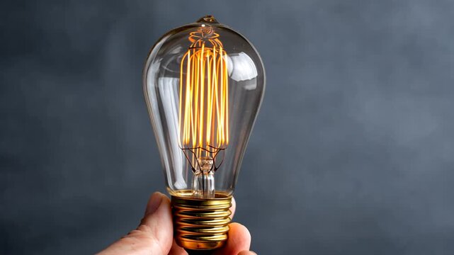 A hand holds a glowing light bulb with a gold filament against a dark background.