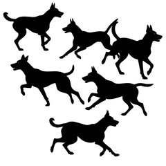 A collection of five black dog silhouettes in various running poses
