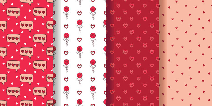Set of cute seamless patterns on theme of love and romance. Backgrounds with hearts for weddings, Valentines Day and holidays. Prints for textiles, packaging, paper, design, vector graphics