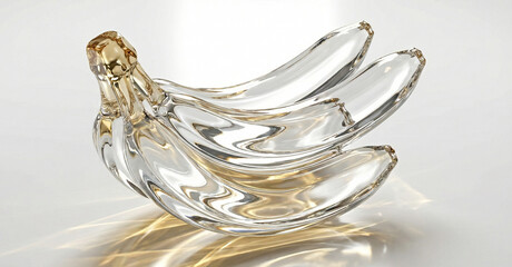 Glass banana fruit sculpture, Transparent crystal 3d fruit, Clear prism light refraction, Shiny amber glass decoration