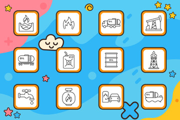 Oil set icon. Barrel, pump, gas, flame, tanker, pipeline, canister, fire, station, tap, rig, refinery elements for energy, fuel, industry, transport, economy