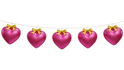 Pink heart ornaments with gold ribbons in a row