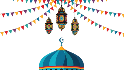Colorful Lanterns and Mosque Dome with Pennants