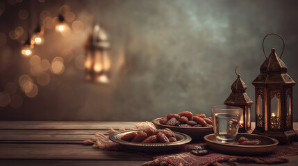 A beautifully arranged iftar table setting lanterns and dates in a warm ambiance
