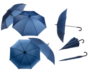 collection of dark blue umbrellas in various open and closed states, isolated on a transparent background, showcasing different angles and forms for product photography and design elements.