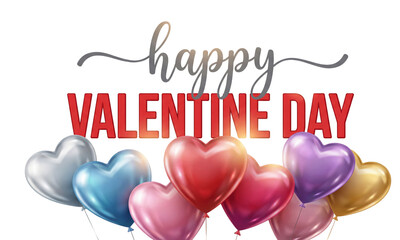 PNG image of Festive greeting design featuring colorful heart shaped balloons and bold red text celebrating valentine day on transparent background