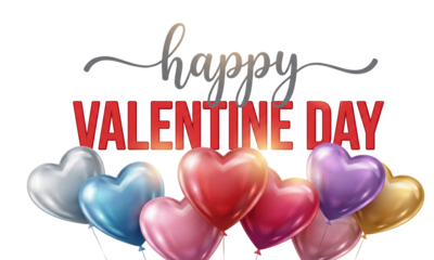 PNG image of Festive greeting design featuring colorful heart shaped balloons and bold red text celebrating valentine day on transparent background