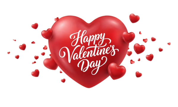 PNG image of Gorgeous realistic red heart with elegant script text celebrating happy valentine's day surrounded by small floating hearts on transparent background - Powered by Adobe