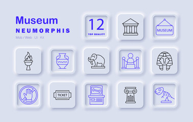 Museum set icon. Building, vase, mammoth, sarcophagus, column, torch, skeleton, ticket, exhibition, barrier, sign, artifact cultural place with ancient history, archeology, art, relics.