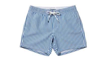 Blue and white striped swim trunks with drawstring