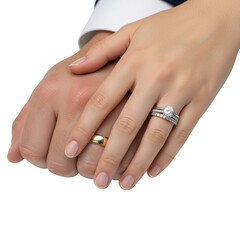 Engagement ceremony rings romantic couple's hands isolated on transparent background