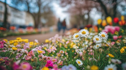 A field of flowers with a few yellow flowers in the foreground