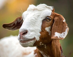 A close-up portrait of a goat with a predominantly white face and brown patches