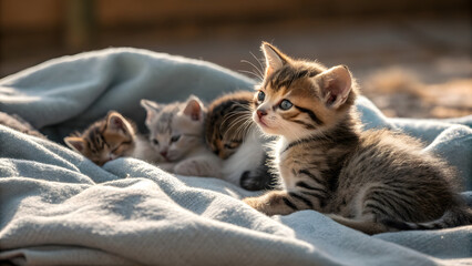 Adorable tabby kitten surrounded by kittens on a soft blanket outdoors