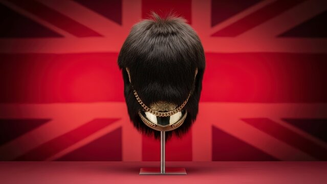 British Beefeater Hat on Stand with Union Jack.