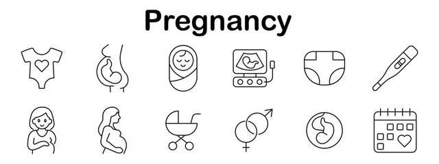 Pregnancy set icon. Line style icons showing pregnant women, baby, fetus, ultrasound, thermometer, calendar, stroller, diaper, and gender symbols