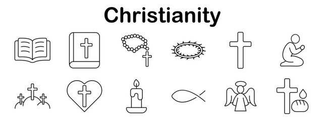 Christianity set icon. Line style elements with crosses, bible, candle, rosary, angel, crown, fish, bread, and people in prayer associated with Christian faith