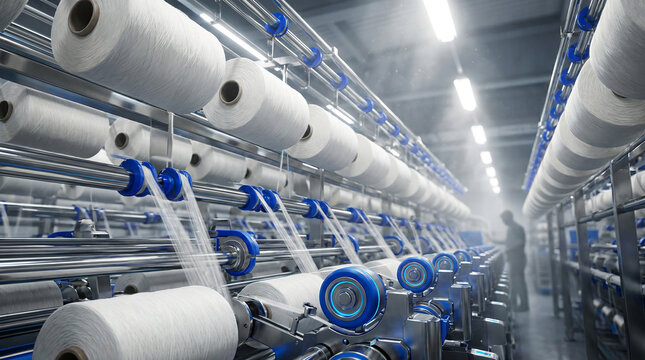 Automated textile factory production line with numerous white yarn spools unwinding on modern machinery, highlighting efficient industrial manufacturing
