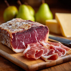 Assorted cured meats, cheese, and pears on rustic wooden board