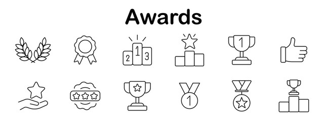 Awards set icon. Laurel wreath, ribbon, podiums, trophies, star, thumbs up, medal, ranking, vote, like, certificate, approval symbols drawn in outlined minimal style