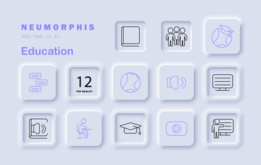 Education set icon. Displays chalkboard, desk, speaker, screen, teacher, graduation cap, chat bubbles, globe, video button, users, monitor, number badge