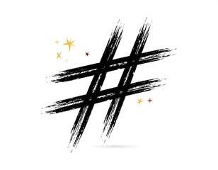 Bold black hashtag symbol with grunge strokes and scattered star shapes
