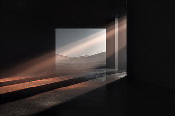 A serene landscape featuring sunlight casting solid beams onto the ground.