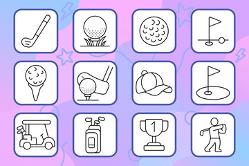 Golf set icon. Club, grass ball, dimple ball, flag, ice cream, swing, cap, hole, cart, bag, trophy, player. Sports, recreation, competition, leisure, tournament, outdoors.