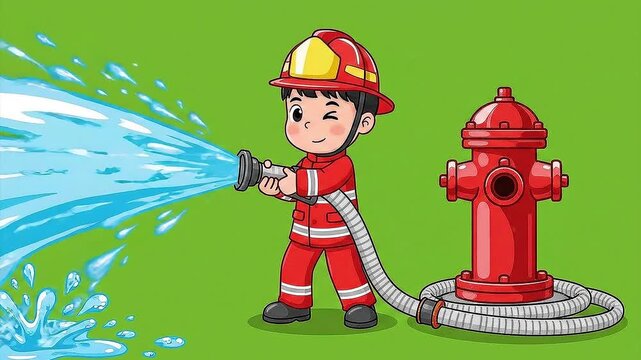 Child firefighter sprays water from a fire hose next to a hydrant