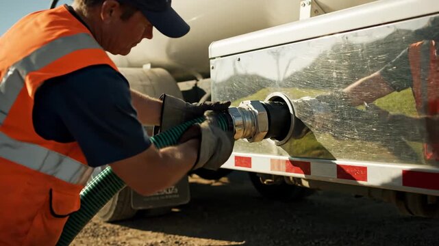 Industrial Fluid Transfer: Connecting Hoses to a Tanker Truck