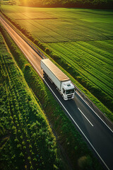 Aerial shot of a truck driving on an asphalt road at dusk