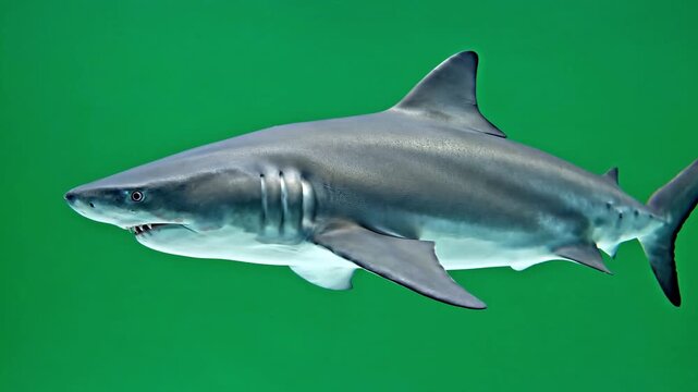 Three gray sharks swimming in a row against a green background sharp teeth visible fins up ocean predator concept