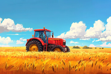 An illustration of a tractor in a golden wheat field in autumn