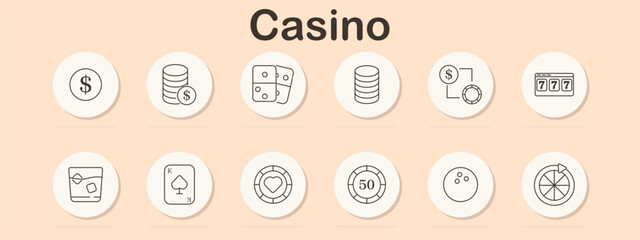 Casino set icon. Dollar, chip stack, dice, token stack, coin with arrow, dice bag, drink glass, spade card, heart chip, fifty chip, button, roulette wheel in linear casino style.