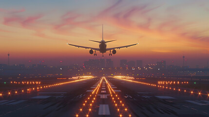 An airplane is soaring through the sea of clouds in the setting sun