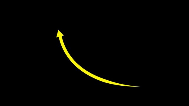 Yellow curved arrow pointing upwards on a black background Keywords: arrow, yellow, curve, upward, direction, movement, graphic, symbol, sign, pointer, abstract, design, isolated, simple, clean