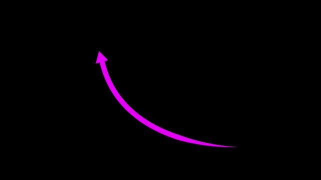 Magenta curved arrow pointing upwards on a black background Keywords: arrow, magenta, curve, upward, direction, movement, graphic, symbol, sign, pointer, abstract, design, isolated, simple, clean